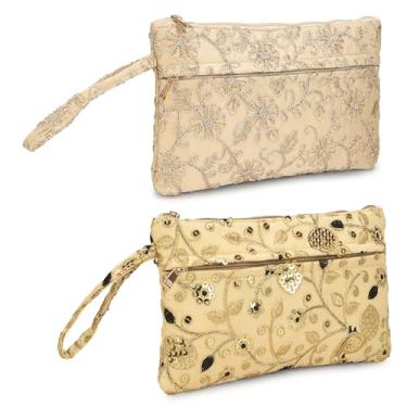 Imagem de LONGING TO BUY Bolsa de cosméticos bordada, estampa floral de pássaros, bolsa de maquiagem estilo vintage com zíper, pacote combo em várias cores, Dourado escuro e dourado claro, Floral vintage