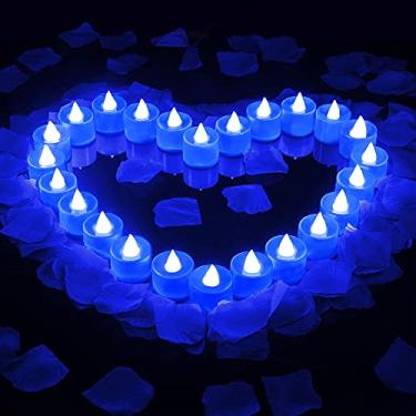 Imagem de Honoson Pétalas de rosa artificiais com 24 peças de velas românticas de coração sem chamas de LED para noite romântica para ele, conjunto de aniversário de casamento e lua de mel (azul)