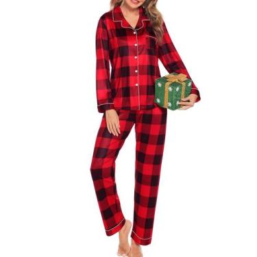 Imagem de Pijamas femininos de manga comprida SWOMOG, xadrez vermelho