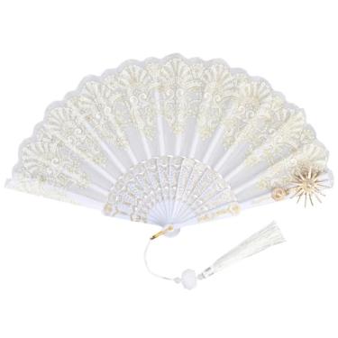 Imagem de SOFPLATE Leque dobrável branco leque dobrável portátil poliéster plástico liga dourada sol flor padrão retrô leques de mão decorativos chineses com pingente de borla para festa casamento igreja dança
