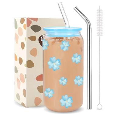 Imagem de Copos de café de vidro flora, lindos copos de flores azuis para aniversário, casamento, festas de fim de ano, presentes para mulheres, colegas de trabalho, inclui 2 canudo e 1 escova de limpeza