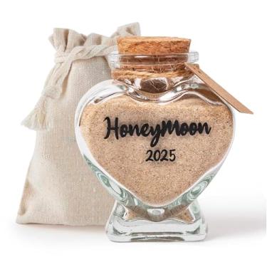 Imagem de TUNGURIS Frasco de lembrança de areia de lua de mel 2025, chá de panela, casamento, noivado, lua de mel, presente de viagem para casais, recém-casados, noivos (caixa de presente inclui) - Saco de pano