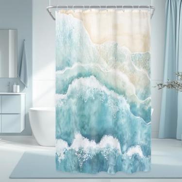 Imagem de Riyidecor Cortina de chuveiro pequena praia oceano onda para decoração de banheiro 122 cm L x 192 cm A barraca estreita azul-petróleo litoral náutico minimalista mar arte abstrata tecido poliéster