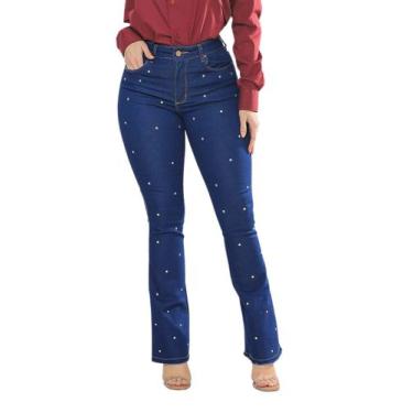Imagem de Calça Feminina Flare Jeans Escuro com pontos de Strass - Pthirillo, 48