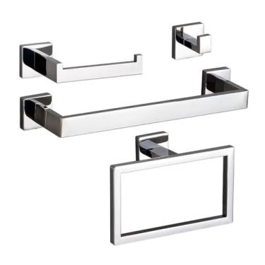 Imagem de Conjunto de acessórios de banheiro de luxo, prateleira de prata brilhante, gancho para roupão, suporte para toalha, suporte para papel higiênico, aço inoxidável, prata, conjunto de 4 peças A