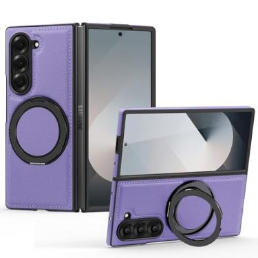 Imagem de Capa de couro magnética para Samsung Galaxy Z Fold 6, [compatível com MagSafe] Capa protetora fina para celular com suporte ajustável com rotação de 360° (roxa)