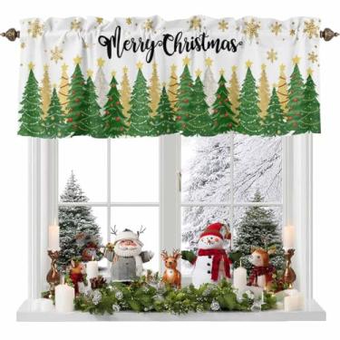 Imagem de Cortina de sanefa Merry Christmas para janelas árvore de Natal verde dourado floco de neve estrelas saia bolso varão tratamento de janela cortinas curtas para cozinha, banheiro, sala de estar, quarto