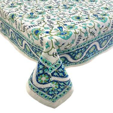 Imagem de India Arts Toalha de mesa quadrada 182 x 182 cm, 100% algodão, azul, verde, branca, toalha de mesa floral para cozinha, roupa de jantar, casamentos, festas de fim de ano, restaurante, decoração de