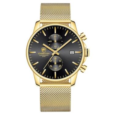 Imagem de Relógio Masculino Analógico Cheetah 1604 Original Minimalista Com Cronógrafo Calendário Data Pulseira de Malha (Dourado e Preto)