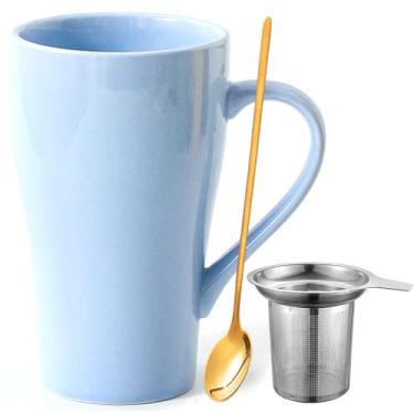 Imagem de Arawat Caneca grande de chá de 500 ml com coador XXL Caneca de chá de cerâmica Original com colher e base para copos Caneca de café de 500 ml Prenda de gira Prenda de chá e chávena de café (azul)