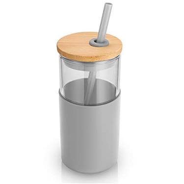 Imagem de Tronco Copo de vidro de 473 ml com canudo e tampa de bambu, copo de café gelado reutilizável, copos de smoothie, copo com capa protetora de silicone - livre de BPA