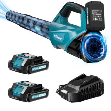 Imagem de Soprador de folhas atualizado 2025, soprador de folhas sem fio com 2 pilhas de 2,6 AH e carregador rápido, 450 CFM e 150 MPH e 2 modos de velocidade, sopradores de folhas elétricos leves para gramado