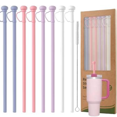 Imagem de Pacote com 8 canudos de silicone reutilizáveis com capa, canudos de substituição de 30,5 cm para Stanley Owala Copo de 1,134 g 850 g com escova de limpeza, acessórios à prova de poeira para carro