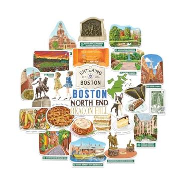 Imagem de Navy Peony Adesivos históricos de viagem de Boston (28 peças) - Decalques de férias com tema de cidade ilustrados à mão, Massachusetts, para álbuns, diários e lembranças