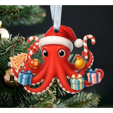 Imagem de Enfeite de Natal de acrílico de polvo do Pacífico - Polvo vermelho festivo com bengalas de doces e bolas de enfeite - decoração de árvore de férias - presente para crianças e amantes do oceano