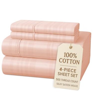 Imagem de Casa Platino Conjunto de lençóis de solteiro 100% algodão - 4 peças (1 lençol liso, 1 elástico, 2 fronhas) - Listrado 500 fios - Conjunto de lençóis de cama de cetim ultramacio com bolsos profundos de