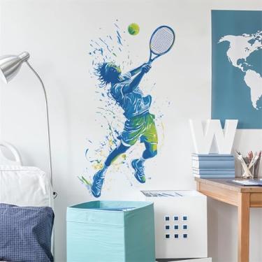 Imagem de sacinora Adesivos de parede esportivos de jogador de bola de tênis, decalques de parede esportivos em aquarela, adesivos removíveis de vinil para crianças, adolescentes, meninos, quarto, berçário