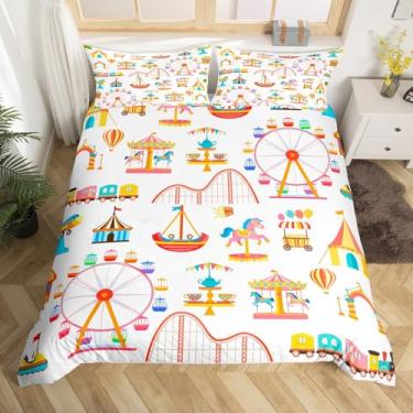 Imagem de Manfei Parque de diversões, laranja, desenho animado, trem, roda-gigante, capa de edredom para crianças, adolescentes, carrossel, cavalo, veículo, capa de edredom de poliéster macio, 2 peças, solteiro