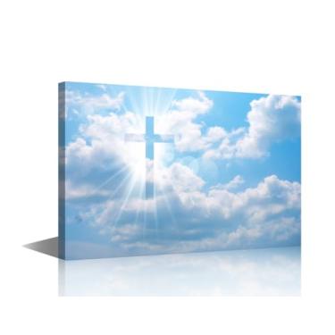 Imagem de Cruzes decoração de parede Jesus Pictures pinturas cristãs cruz no céu arte em tela arte moderna decoração de parede para casa para sala de estar giclée moldura de madeira embrulhada em galeria pronto