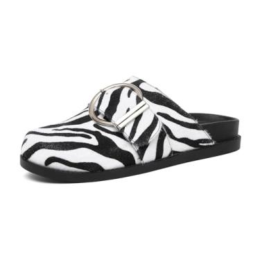 Imagem de NEWBELLA Sapatilhas femininas plataforma – Lonas de pelo sintético de leopardo com fivela de metal, tamancos de bico redondo com suporte de arco para uso casual, Padrão de zebra, 36