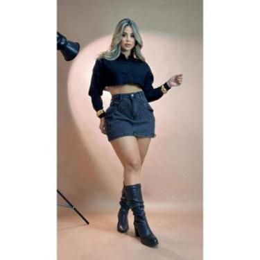 Imagem de Saia Jeans Curta Cargo Cós Passante Cintura Alta-Feminino
