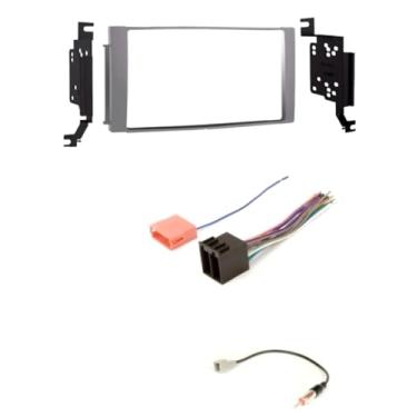 Imagem de Kit de painel de instalação estéreo de carro duplo Din prateado, chicote de fios e combo de adaptador de antena de retenção de rádio AM/FM - Sem veículos de navegação de fábrica apenas - Feito para