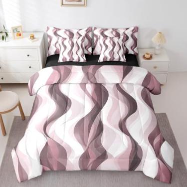 Imagem de Erosebridal Conjunto de edredom Queen com 7 peças, rosa, roxo, boêmio, abstrato, listrado, para crianças, adolescentes e adultos, roupa de cama geométrica moderna minimalista com lençóis, colcha de