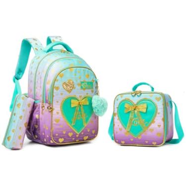 Imagem de Conjunto de Mochila Infantil 3 Peças, Corações e Laço, Mochila Escolar com Bolsa Térmica e Estojo (Verde roxo)