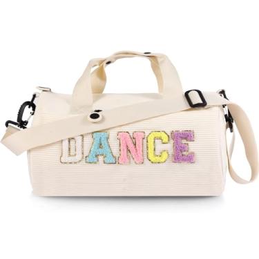 Imagem de Bolsa de balé de dança para meninas, esportiva, academia, bolsas de viagem noturnas, bolsa divertida de veludo cotelê e letras de chenille para dançarinos, Bege, Bolsa de dança