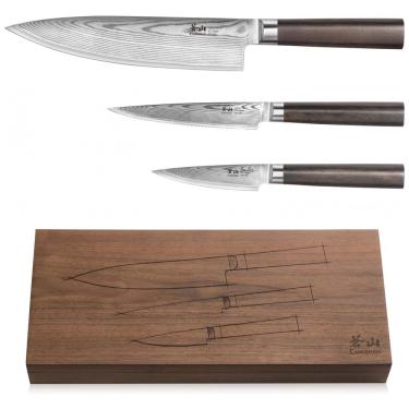 Imagem de Conjunto de Facas Cangshan HAKU 501172 em Aço Damasco Forjado X 7 com Caixa de Nogueira, 3 Peças, Marrom