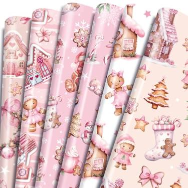 Imagem de Keluna Papel de embrulho de Natal rosa para pão de gengibre – 12 folhas de papel de embrulho para presente de árvore de Natal rosa fofo feminino, com design de floco de neve
