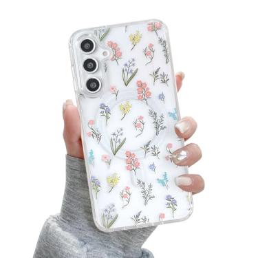 Imagem de QLTYPRI Capa para Samsung Galaxy A15 5G, compatível com Magsafe, capa de telefone com flores florais fofas estéticas, capa magnética transparente antiamarelamento à prova de choque para mulheres e