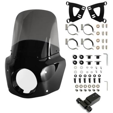 Imagem de BOSYCY Road-Warrior-Style Carenagem com kit de para-brisa de 38.1 cm adequado para Harley Softail Street Bob FXBB FXBBS FXST, farol de motocicleta 14.6 cm carenagem pára-brisas fumado, garfos de 48-58
