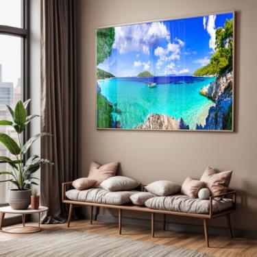 Imagem de Quadro com Moldura e Acrilico Cristal Vidro Sala Quarto Mar Azul Barco Paisagem Decorativo Horizontal Grande Hall