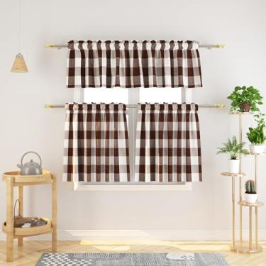 Imagem de Conjunto de 3 peças de cortinas e sanefas Buffalo Check Kitchen Tiers Xadrez Gingham Rod Pocket Classic Short Small Cafe Cortinas Country Farmhouse Cafe Bathroom 137.2 cmx45.7 cm/68.6 cmx91.4 cm Brown