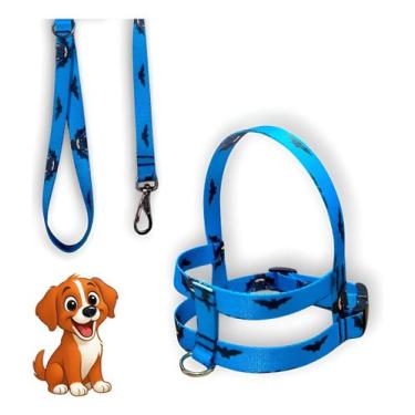 Imagem de Coleira Peitoral Lari Pet Com Guia Cães Seda Estampada N4, Azul