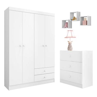 Imagem de Quarto Infantil Completo Louise com Guarda Roupa 04 Portas Cômoda e Nichos Branco - Desk Design