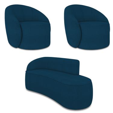 Imagem de Sofá 3 Lugares Orgânico 180cm Morgan e 2 Poltronas Lua Bouclê Azul D03 - D'Rossi