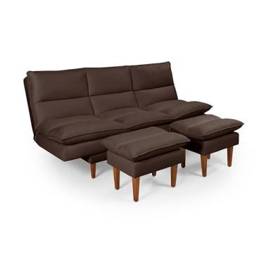 Imagem de Sofá-Cama Vancouver Chaise e Banquetas 3 Lugares com 5 Posições Reclináveis Revestimento em Suede Macio Marrom