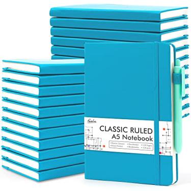 Imagem de feela Pacote com 24 cadernos para o trabalho, caderno de negócios, capa dura, pautado, com suporte para caneta, para anotações, masculino e feminino, com 24 canetas pretas, 120 g/m², 13 cm x 21 cm, A5, azul-petróleo