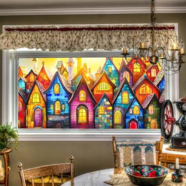 Imagem de HOMETITUTE Película colorida para janela de vitral, casas de aldeia, adesivo de vidro decorativo para janela de privacidade, adesivos para casa, sala de estar, quarto, escritório, 100 x 44 cm