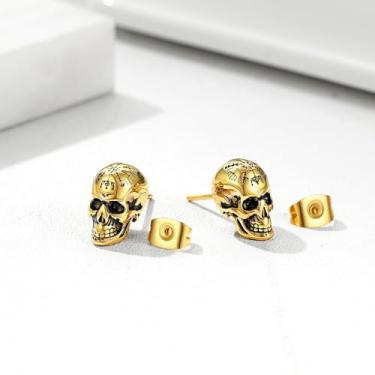 Imagem de Brincos masculinos de caveira de bússola nórdica ouro/prata aço inoxidável vikings joias, One Size, Aço inoxidável, Sem pedra preciosa