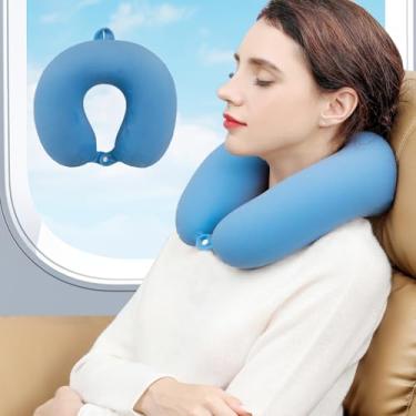 Imagem de Almofada de pescoço de viagem de espuma viscoelástica em forma de U, suporte confortável de pescoço e cabeça para aviões, trens, carros autônomos (azul celeste)