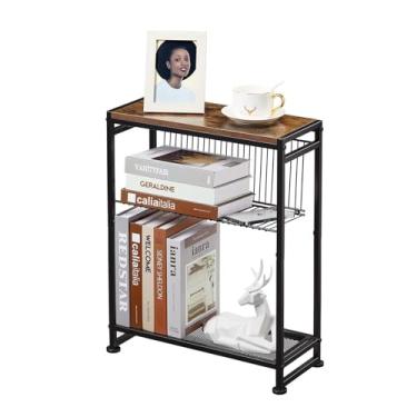 Imagem de Mesa lateral pequena para espaços pequenos – Mesa de canto fina com suporte de revista – Mesa de canto estreita 2 em 1 – Mesa de cabeceira fina para quarto, mesa de cabeceira fina, marrom rústico