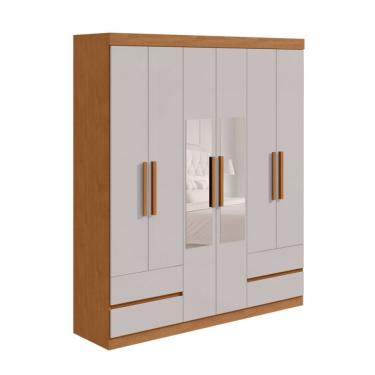 Imagem de Guarda-Roupa Casal com Espelho Zeus sem Pés 6 Portas 4 Gavetas Off White e Amêndoa