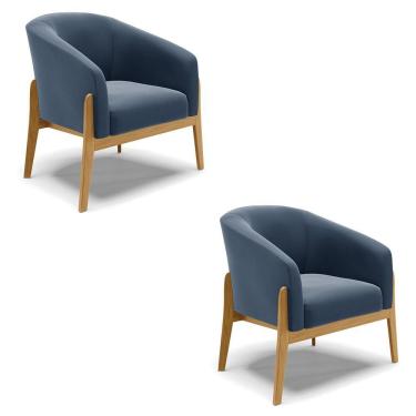 Imagem de Cadeira Sala De Jantar Base De Madeira Kit 2 Stella Suede D03 - D'rossi Cor Azul Marinho