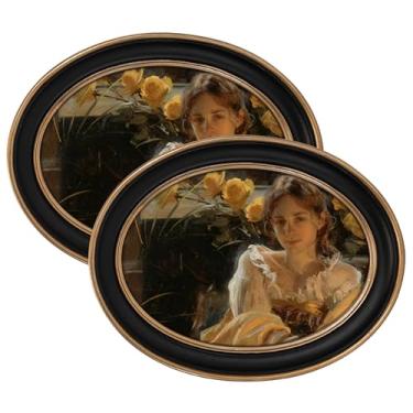 Imagem de eletecpro Conjunto de 2 porta-retratos vintage 17 x 12 com capa de vidro real, moldura oval ornamentada, exibição de 17 x 12 cm para pendurar na mesa ou na parede, decoração de casa preta para galeria
