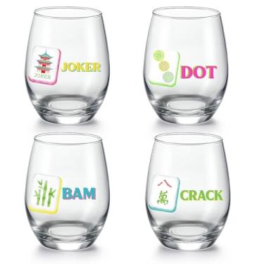 Imagem de Qinyoung 4 Pcs 15 oz Mahjong Cups Wine Glass Mahjong Accessories and Gifts for Women Stemless Wine Glass Cup for Cocktails Water Juice Drinking