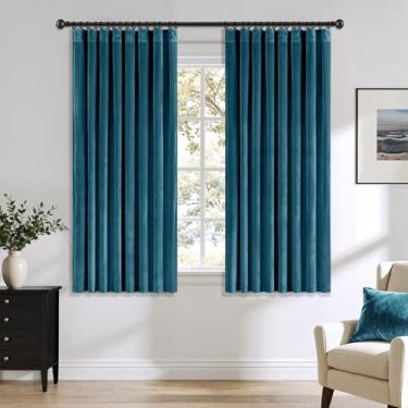 Imagem de Cortinas de veludo azul pavão 113 cm de comprimento, blecaute, isolamento térmico, à prova de som, cortinas de escurecimento de quarto, cortinas de janela plissadas para quarto, sala de estar, 106 x
