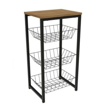 Imagem de Fruteira Chão Cozinha Multiuso Com 3 Cestos Removíveis Com Tampo De Madeira Mdf 80 * 37 * 31cm